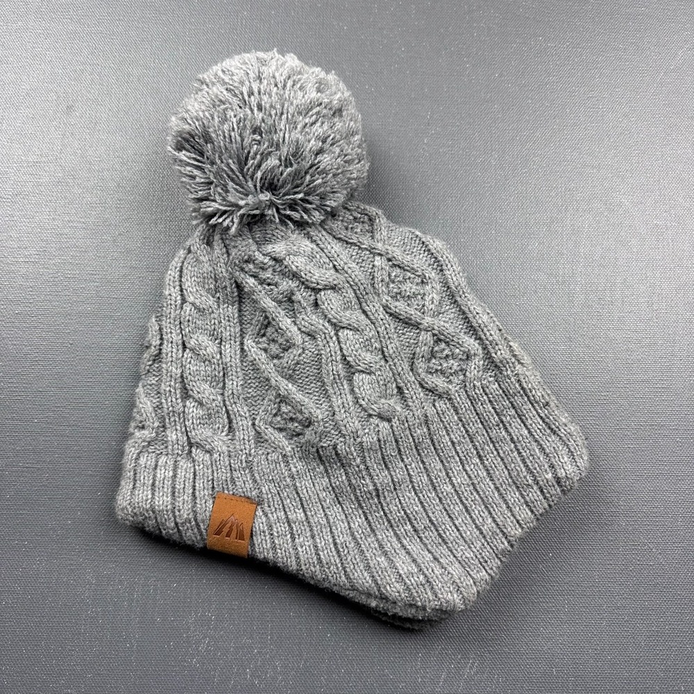 Mountain Cable Knit Beanie Kids Gray Pom Winter Hat Warm Ribbed Acrylic Winter